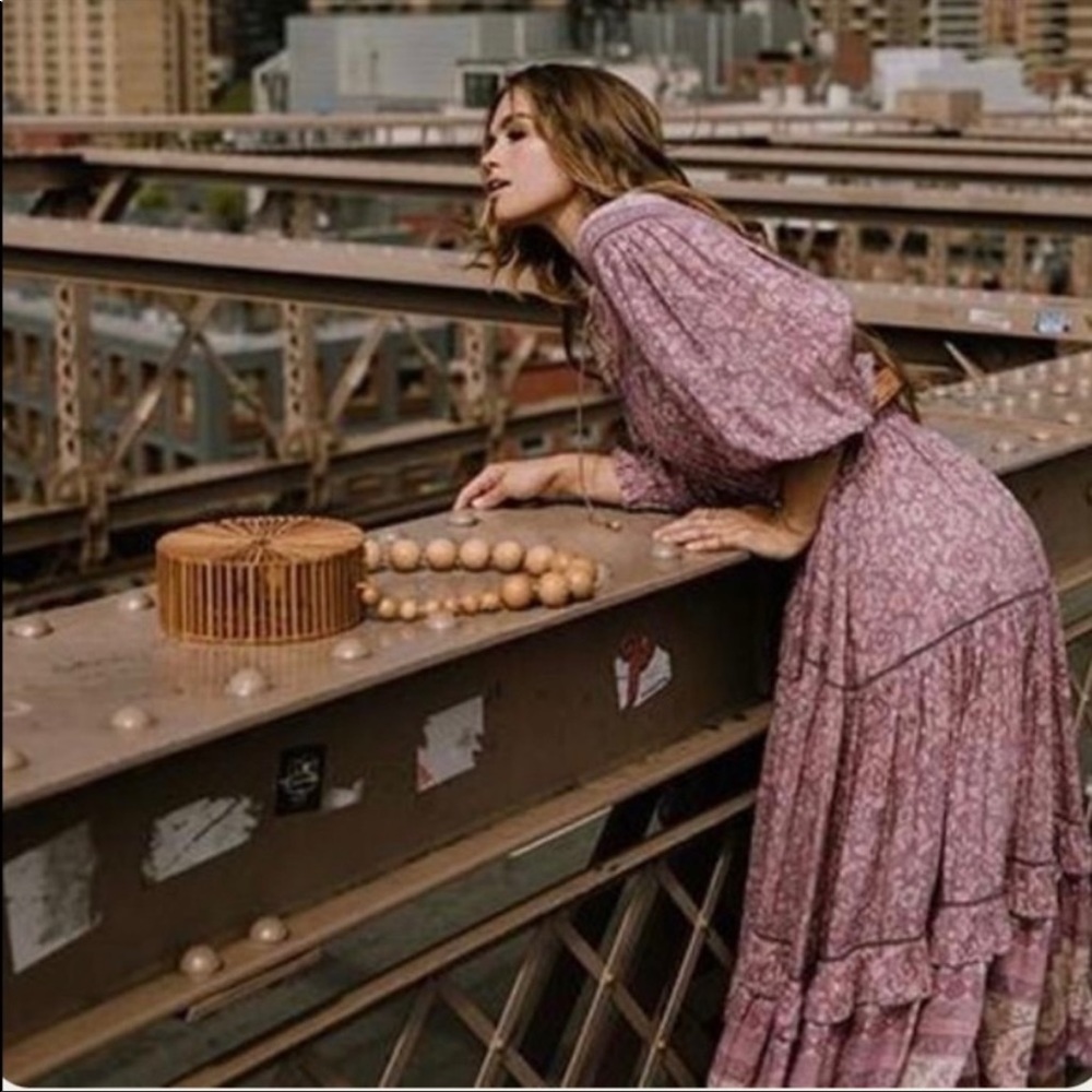 Spell Dahlia Tiered Midi Peasant Dress in Mulberry Pink/Purple Floral, Small EUC - Picture 3 of 16